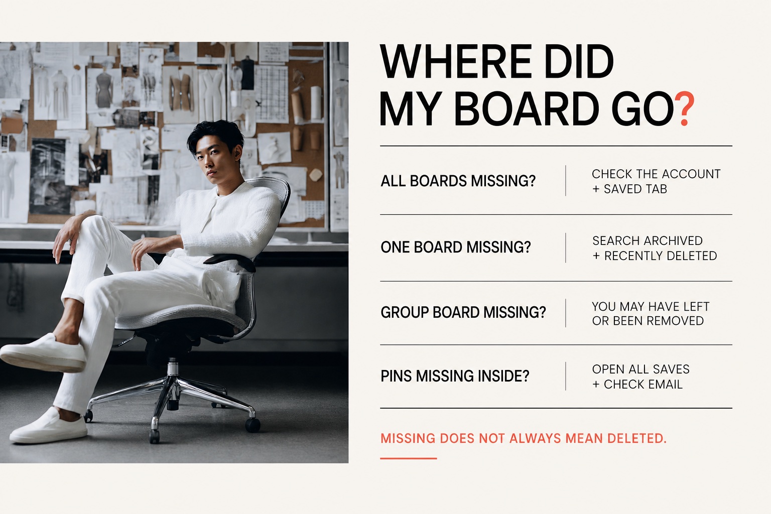 Diagnostic questions for finding a missing Pinterest board