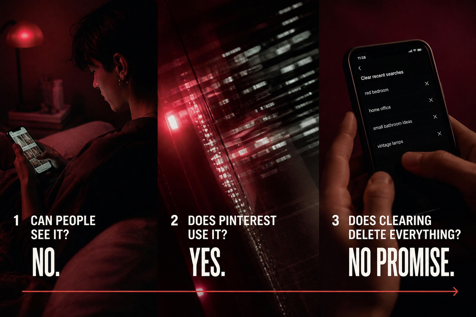 Three questions explaining who can see Pinterest searches, how Pinterest uses them, and what clearing history removes